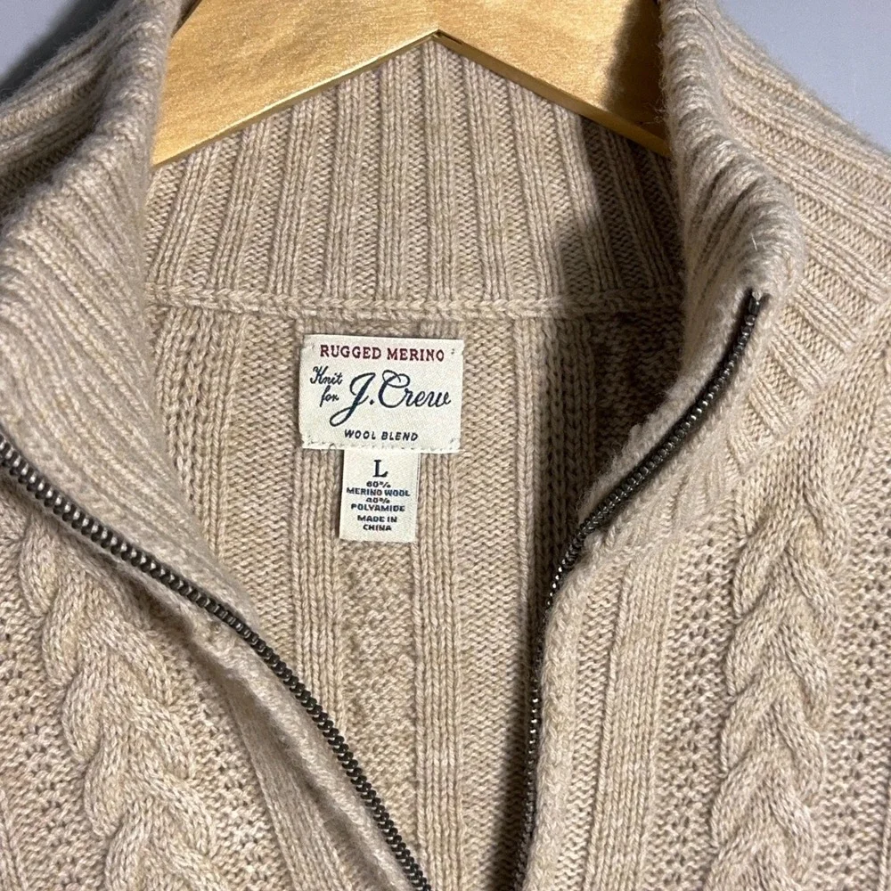 J Crew Rugged Merino Wool Cable Knit 1/4 Zip Mock Neck Sweater Mens Size Large‎